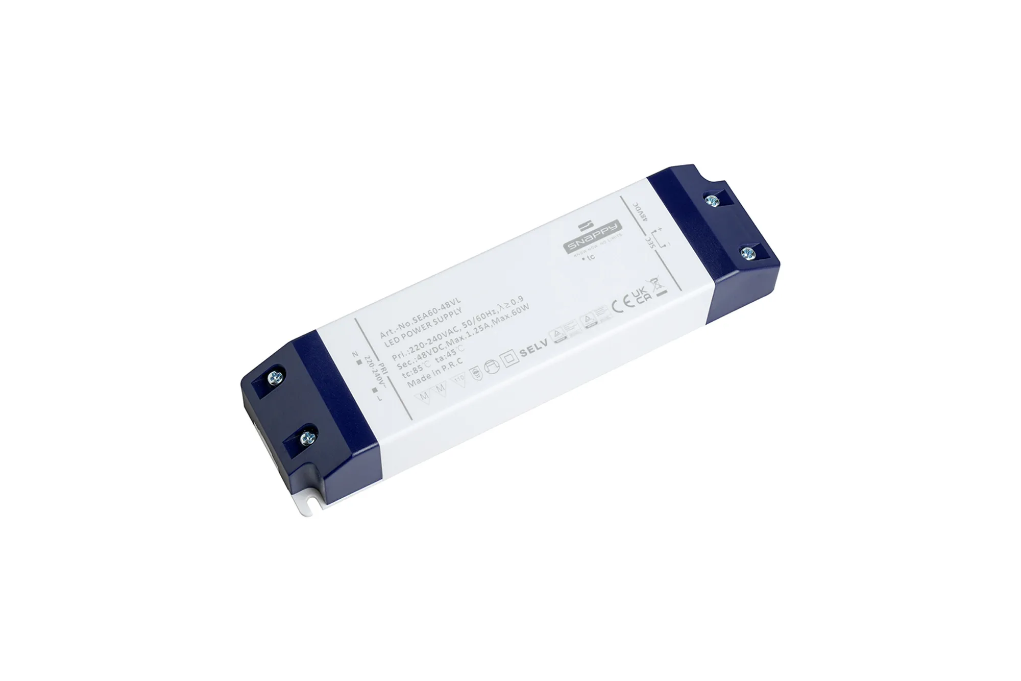 SEA60-48VL  60W, Constant Voltage Non Dimmable LED Driver, 24VDC, 1.25A, Input 200-240VAC 50/60Hz, IP20.
